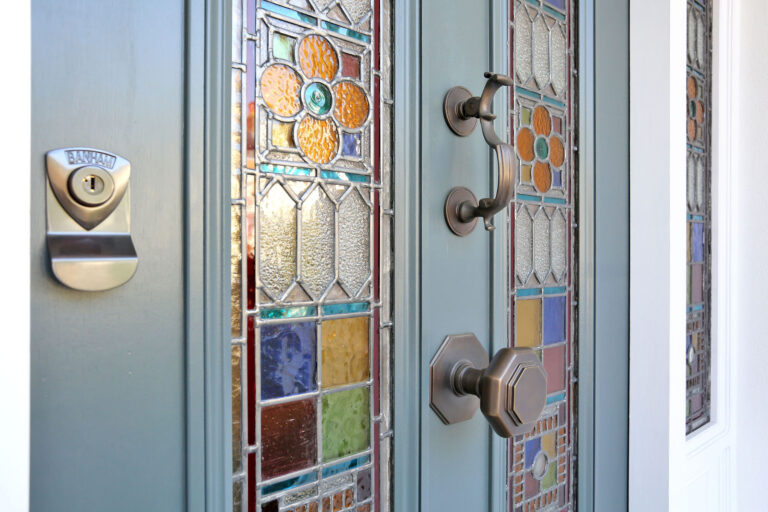 Front door with stain glass windows